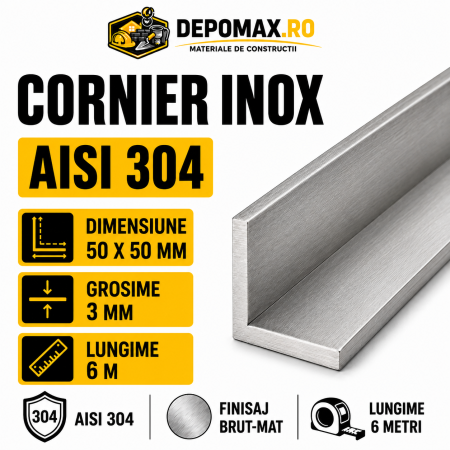 Cornier inox AISI 304, 50 x 50 x 3 mm, 6 metri